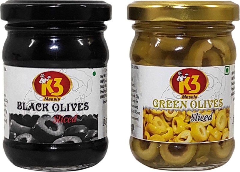 K3 Masala Green olives Sliced (120 gm) and Black olives Sliced (120 gm)(Pack of 2) Olives  (240 ml, Pack of 2)