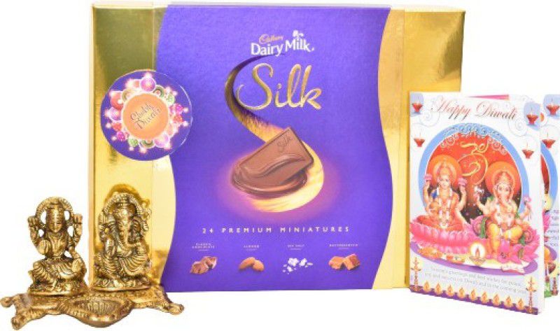 Uphar Creations Cadbury Dairymilk Premium Miniatures Gift Hamper For Diwali Special | Diwali Gifts | Cadbury gifts| Chocolate gifts| Combo  (Cadbury Silk Gift Box-1 |Laxmi Ganesh Ji candleholder Set -1 | Diwali Card-1)