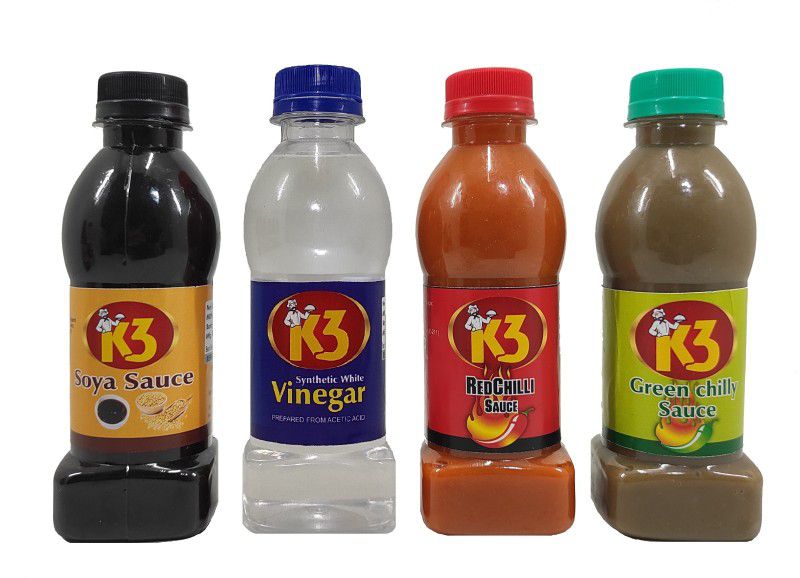 K3 Masala Soya Sauce (200gm),Green Chilli Sauce (200gm),Red Chilli Sauce (200gm),Vinegar (200gm), Sauce  (4 x 200 ml)