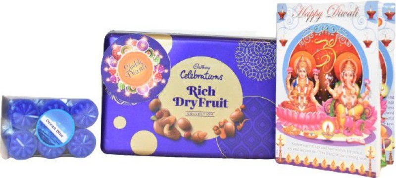 Uphar Creations Premium Rich Dryfruits Gift Box With Blue Ocean Candle Set And Diwali card | Diwali Gifts| Chocolate Gifts| Combo  (Dairymilk Rich Dryfruits Gift Box -1 |Diwali Card-1 | Diwali Candle Holder-5)