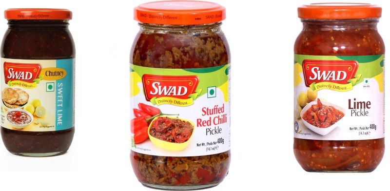 SWAD Combo Pack of Delicious Sweet Lime Chutney (500g), Stuffed Red Chilli Pickle (400g) and Lime Pickle (400g) | Pack of 3 Lime, Red Chilli Pickle  (3 x 433.33 g)