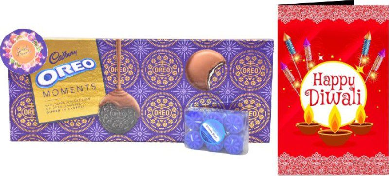 Uphar Creations Classic Oreo Gift Box With Blue Ocean Candle Set And Diwali card | Diwali Gifts| Chocolate Gifts| Combo  (Classic Oreo Moments Box-1 | Diwali Card-1 | Tealight Candle Holder-1)
