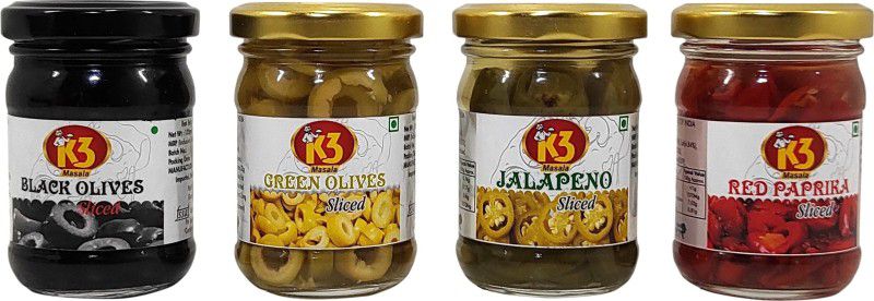K3 Masala Black Olives (120gm),green Olives (120gm),Jalapeno Sliced (120gm) and Red Paprika Sliced (120gm) (Pack of 4) Olives  (480 g, Pack of 4)