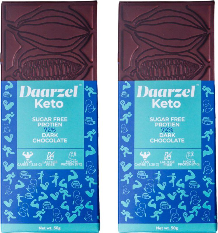 Daarzel Keto - 72% Dark Chocolate Sugar Free High Protein Low Carbs Maltitol Free Sweetened with Stevia Lactose Free (Pack of 2) Bars  (2 x 50 g)