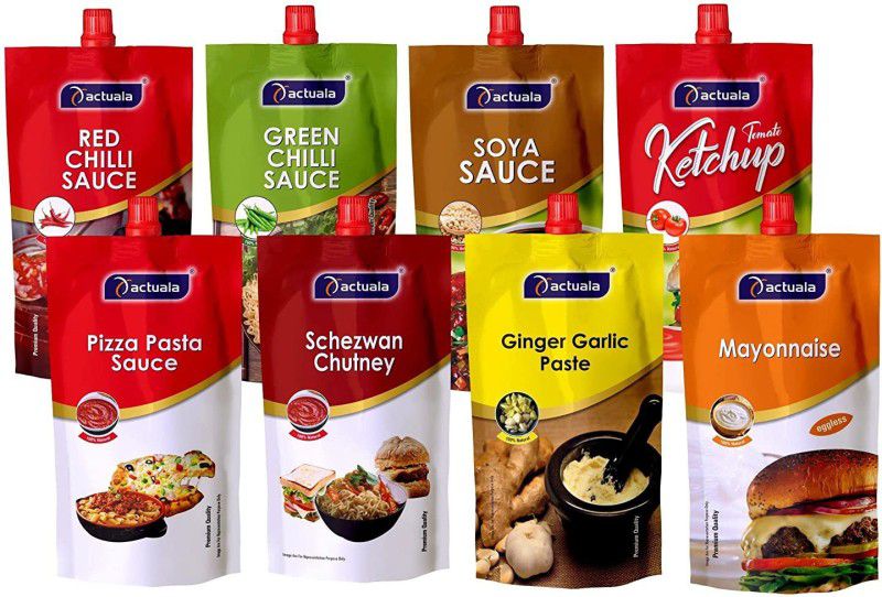 AACTUALA Pack of 8 (80g Each) Red, Green Chilli, Soya, Tomato Ketchup, Pizza Pasta Sauces  (640 g)
