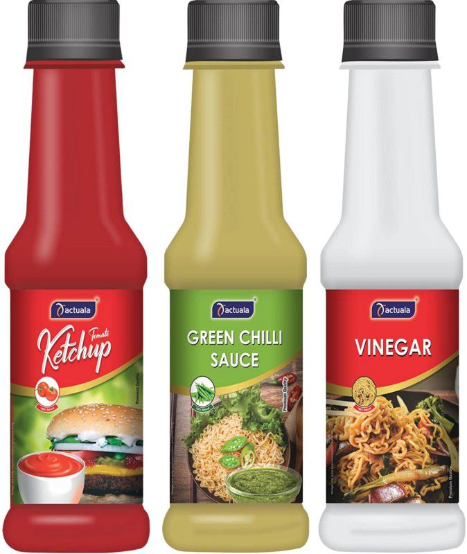 AACTUALA Pack of 3 (200g Each) Tomato Ketchup, White Vinegar, Green Chilli Sauces  (600 g)