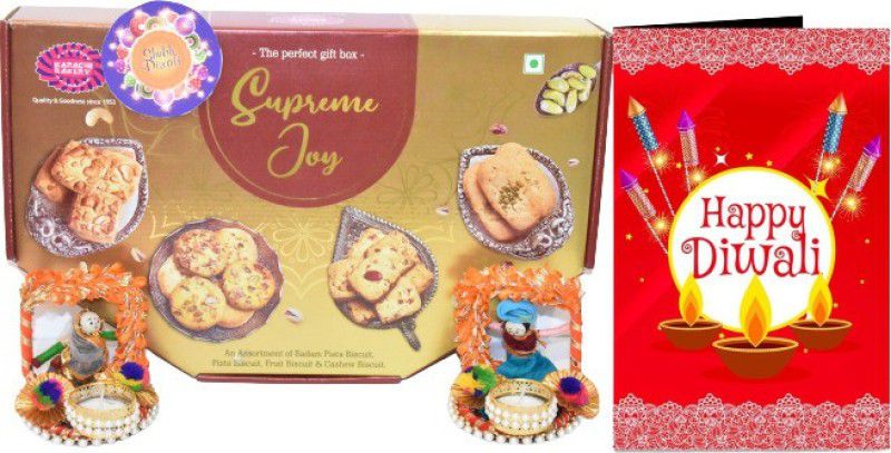 Uphar Creations Supreme Joy Cookies Gift Pack With Diwali SpecialTealight Candle Holder And Diwali card | Diwali Gifts| Chocolate Gifts| Combo  (Supreme Joy Cookies Gift Pack-1| Diwali Card-1 | Diwali Candle Holder-1)