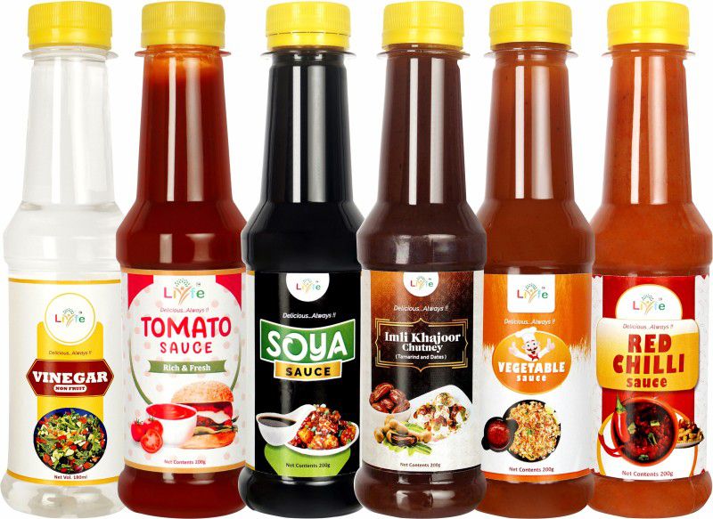 LIYFE Combo of 6 Sauce (Imli Dates Chutney, Vegetable Sauce, Soya Sauce, Red Chilli, Tomato Ketchup, Vinegar) Sauces & Ketchup  (6 x 200 g)