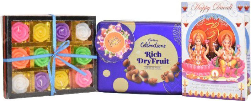 Uphar Creations Premium Rich Dryfruits Gift Box With 12 Candle Set And Diwali card | Diwali Gifts| Chocolate Gifts| Combo  (Dairymilk Rich Dryfruits Box -1 |Diwali Card-1 | Tealight Candle Holder-1)