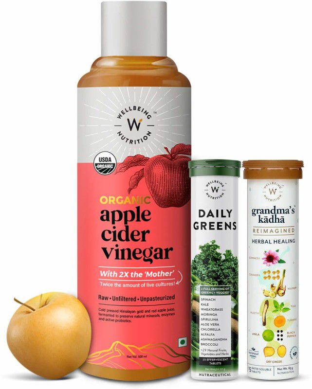 Wellbeing Nutrition USDA Organic Apple Cider Vinegar with 2X Mother,Daily Greens & Grandma's Kadha Combo  (500ml Apple cider Vinegar with Daily Greens 15 Tablets and Grandma's Kadha 15 Tablets)