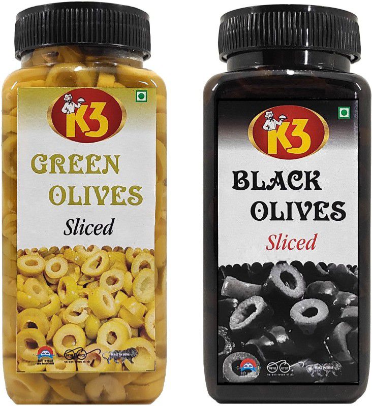 K3 Masala Green olives Sliced (450gm) and Black olives Sliced (450gm)(Pack of 2) Olives  (900 g, Pack of 2)