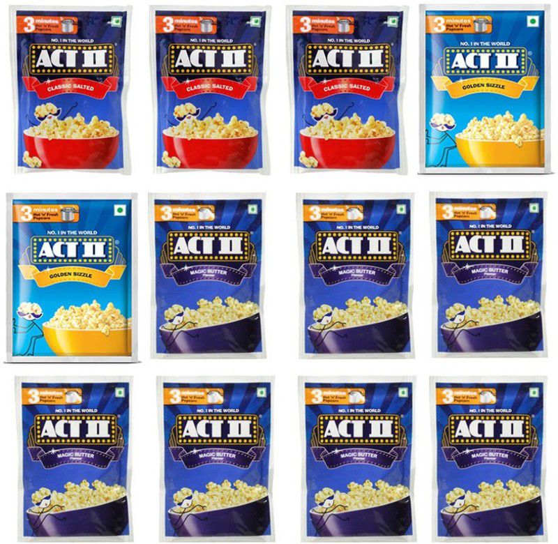 ACT II 3 Classic 2 Golden Sizzle and 7 Magic FlavourPopcorn,Each 40g (Pack of 12) Butter Popcorn  (22.41 kg, Pack of 12)