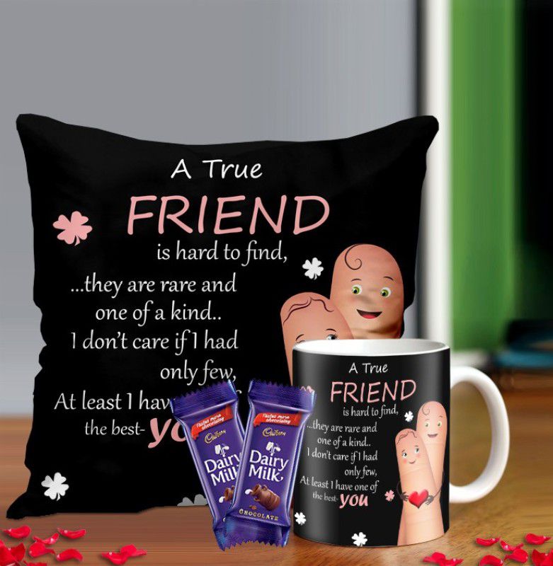 Midiron Gift for Friend & Friendship day Gift, Beautiful Quoted Printed Ceramic Mug, Cushion with Chocolate IZ21DTHFDDairyMilk2CM16-01 Combo  (1 Cushion Cover (Size-16*16 Inch) with Microfiber Filler, 2 Dairy Milk Chocolate, 1 Printed Ceramic Mug)