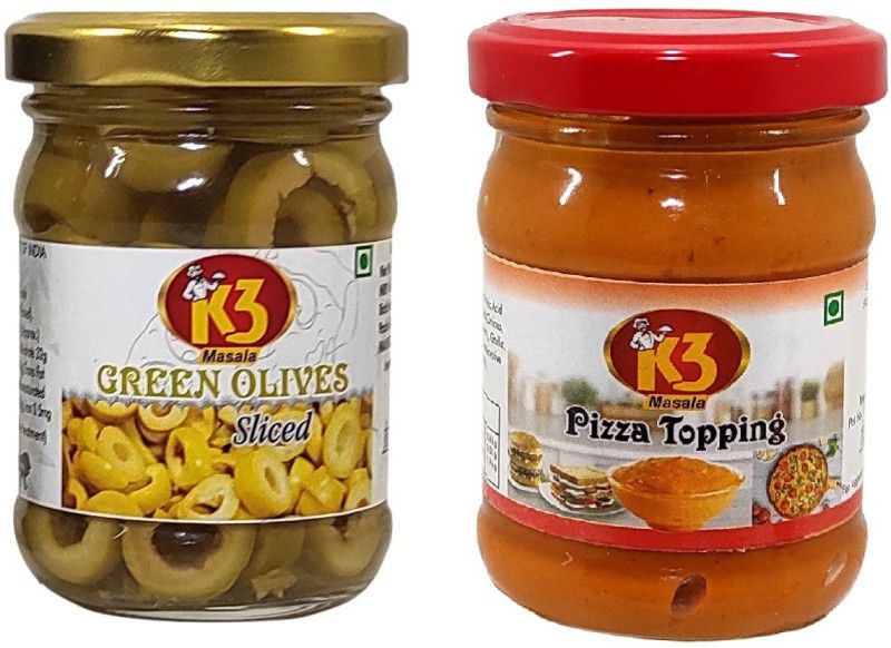 K3 Masala Pizza Topping (100gm)and Green olives Sliced (120 gm)(Pack of 2) Olives  (220 g, Pack of 2)