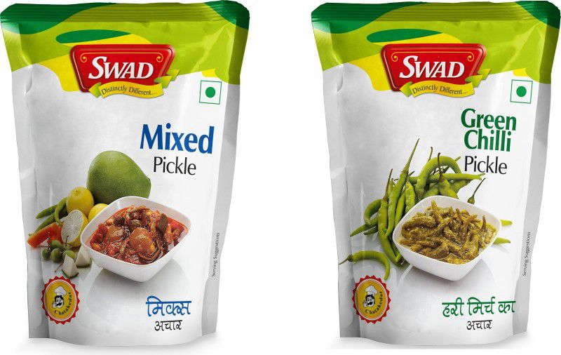 SWAD Combo Pack of Delicious and Spicy Green Chili and Mixed Pickle | 200g Each | Pack of 2 Mango, Garlic, Lemon, Carrot, Tenti, Raw Mango(Kairi) Pickle  (2 x 200 g)