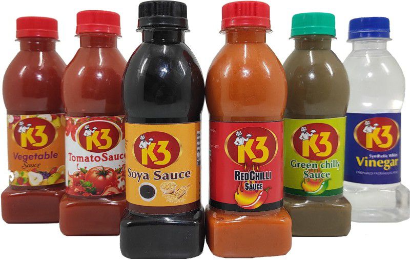 K3 Masala Soya Sauce (200gm),Green Chilli Sauce (200gm),Red Chilli Sauce (200gm),Tomato Sauce (200gm),Vegetable Sauce (200gm),Vinegar (200gm)(Pack of 6) Sauce  (6 x 200 ml)