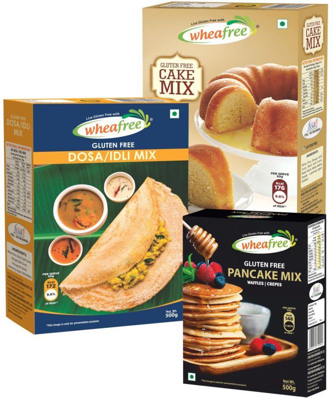 Wheafree Gluten Free Cake Mix (500gm), Dosa/Idli Mix (500gm) & Pancake Mix (500gm) 1500 g  (Pack of 3)