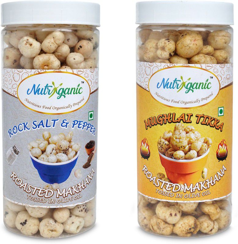 NUTRYGANIC Roasted Makhana Rock Salt Pepper and Mughlai Tikka flavor pack of 2 (2*100g)  (2 x 100 g)