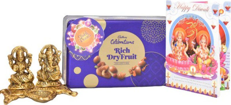 Uphar Creations Cadbury Celebration Rich Dry Fruit Premium Gift Combo For Diwali | Diwali Gifts | Cadbury gifts| Chocolate gifts| Combo  (Rich Dryfruits Gift Box-1|Laxmi Ganesh Ji Tealight Candle Stand-1 | Diwali Card-1)