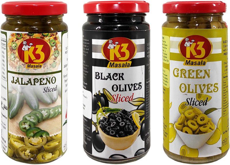 K3 Masala Black Olives (230gm),Green olives (230gm) and Jalapeno (230gm) (Pack of 3) Jalapenos  (690 g, Pack of 3)