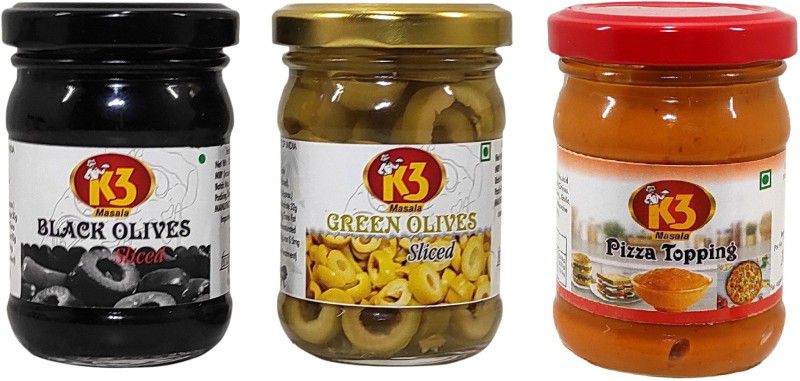 K3 Masala Pizza Topping (100gm),Green olives Sliced (120 gm) and Black olives Sliced (120 gm)(Pack of 3) Olives  (340 ml, Pack of 3)