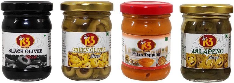 K3 Masala Pizza Topping ,Green olives Sliced and Black olives Sliced,Jalapeno(Pack of 4) Olives  (460 g, Pack of 4)