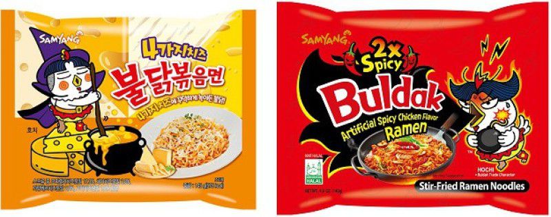Samyang Hot Chiken Ramen Quattro Cheese And 2x SPICY Hot Chicken Ramen Flavour |140gm (Pack of 2) (Imported) Instant Noodles Non-vegetarian  (2 x 140 g)