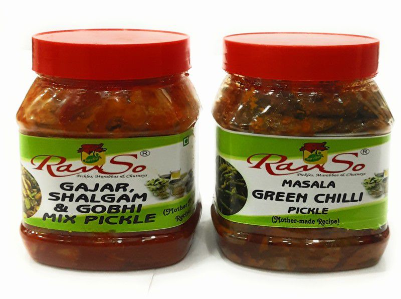 Ravso Advait gajar shalgam and gobhi pickle 500gm & green chilli pickle 500gm Carrot, Cauliflower, Green Chilli, Mixed Vegetable Pickle  (2 x 0.5 kg)