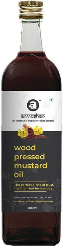 Anveshan Wood Pressed Black Mustard Oil - 500ml | Glass Bottle | Kolhu/ Kacchi Ghani/ Chekku | Natural | Chemical-Free | Cold Pressed Mustard Oil for Cooking Mustard Oil Glass Bottle  (500 ml)