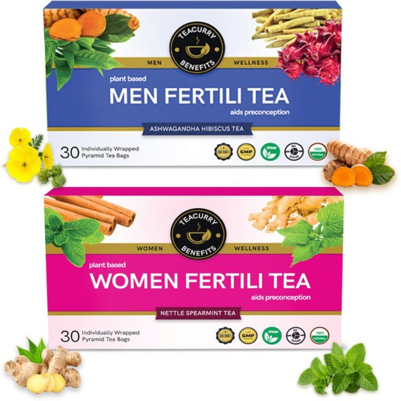 TEACURRY Men Women Fertility Support Tea with Diet Charts - 30 + 30 Tea Bags | Helps In Increasing Count, Promotes Ovulation, Performance and Drive Hibiscus Herbal Tea Bags Pouch  (2 x 30 Bags)