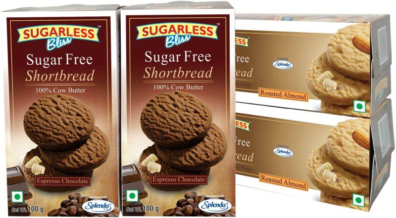 Sugarless Bliss Sugar Free Short bread Cookies-Espresso & Roasted Almond 4x100gm Cookies  (400 g, Pack of 4)