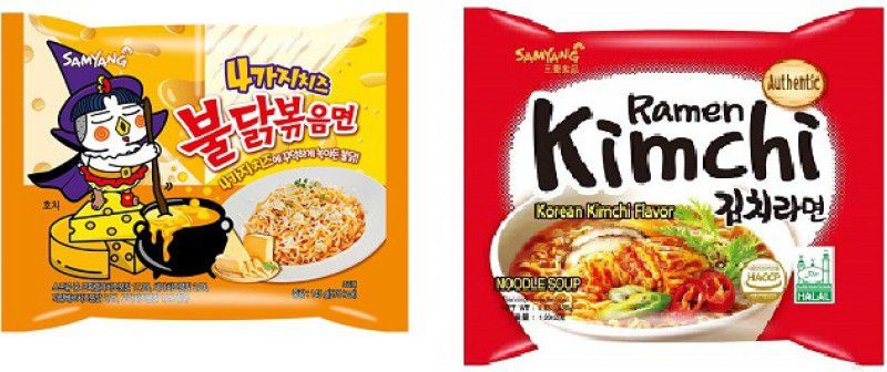Samyang Hot Chicken Ramen Quattro Cheese Noodles and Veg Kimchi Instant Noodles|140 gm (Pack of 2) (Imported) Instant Noodles Non-vegetarian  (2 x 140 g)