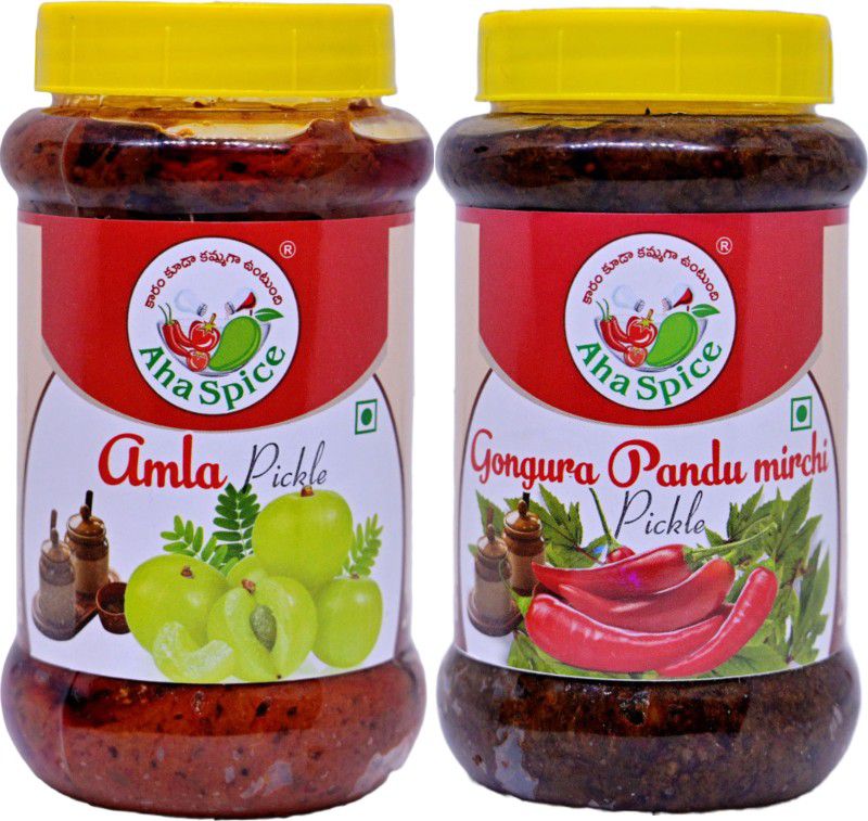 AHA AMLA Pickle 500Grams and GONGURA PANDU MIRCHI Pickle 500Grams, Tasty ANDHRA Red Chilli, Gongura Pickle  (2 x 500 g)