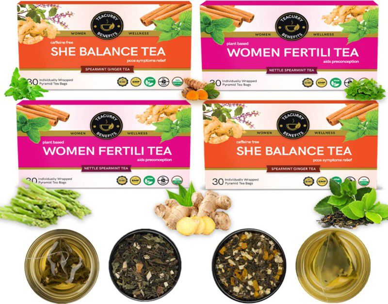 TEACURRY PCOS PCOD Fertility Support Tea for Women with Diet Charts - 60 + 60 Tea Bags | Helps In Ovulation, Testosterone Levels, Period Cycles Herbal Tea Bags Pouch  (2 x 60 Bags)