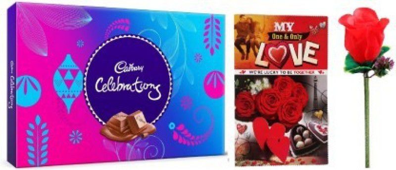 Bscreation Celebrations Chocolate Pack With Artificial Rose & Greeting Card Combo  (Greeting card - 1, Artificial Red Flower - 1, Cadbury Celebrations -1)
