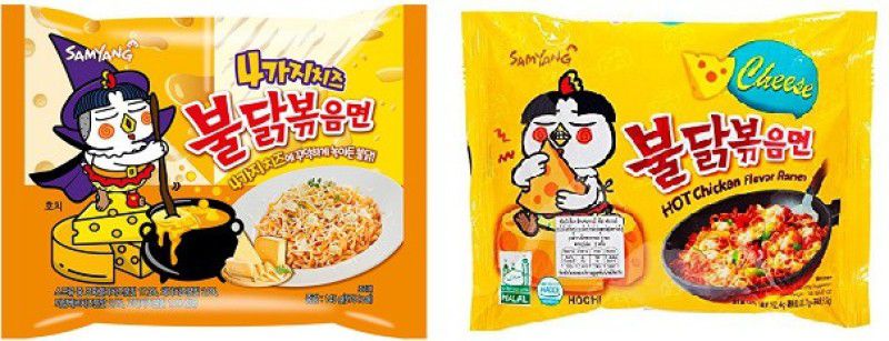 Samyang Hot Chicken Ramen Quattro Cheese Noodles and Buldak Cheese Noodles|140gm (Pack of 2)|(Imported) Instant Noodles Non-vegetarian  (2 x 140 g)