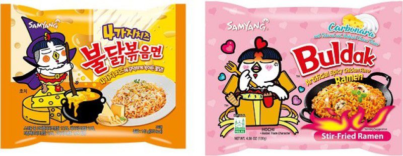 Samyang Hot Chicken Ramen Quattro Cheese Noodles and Carbo Noodles|130gm (Pack of 2) (Imported) Instant Noodles Non-vegetarian  (2 x 130 g)