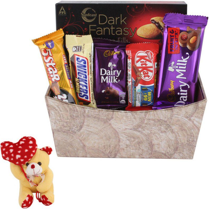 SurpriseForU Chocolates Basket Gift Hamper For Chocolate Lovers With Heart Teddy Bars  (307 g)