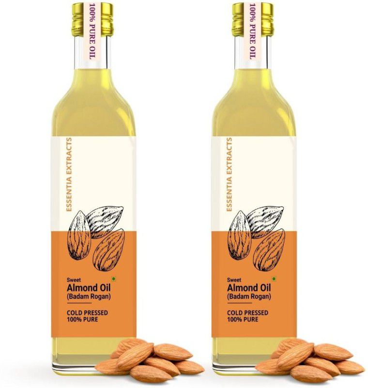 ESSENTIA EXTRACTS Combo of 2 Extra Virgin Sweet Almond Oil - 100% Pure Cold Pressed Edible Roghan Badam Shirin Tel - Glass Bottle (Hair, Skin) (500ML + 500ML) Almond Oil Glass Bottle  (2 x 500 ml)