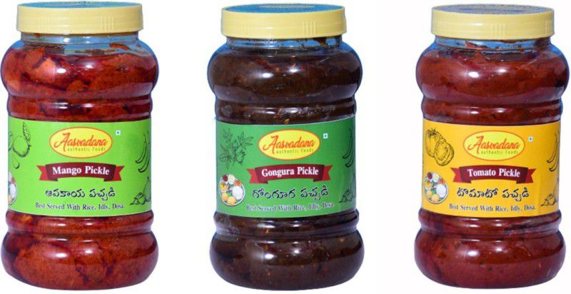 Aasvadana-Authentic Sweets Mango, Gongura and Tomato Pickle Mango, Gongura, Tomato Pickle  (3 x 500 g)