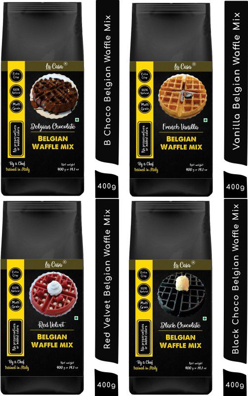 La Casa French Vanilla + Belgian Chocolate + Red Velvet + Black Chocolate Belgian Waffle Mix | Pancake Mix | Multigrain | Vegan | Egg-Less | Extra Crisp | 1.6 kgs | 1600 g  (Pack of 4)