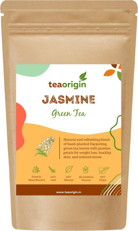 Tea Origin Jasmine Green Tea | 100% Natural Ingredients- Green Tea Leaves & Jasmine Flower Petals | Rich in Antioxidants, Promotes Immunity & Healthy Skin, Relieves Stress | Pack of 2 (100g each) Jasmine Green Tea Pouch  (2 x 100)