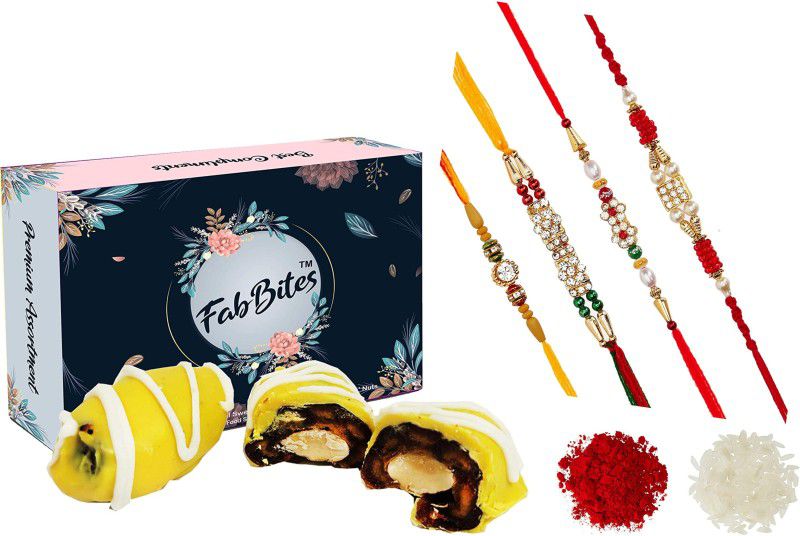 FabBites pineapple flavour chocolate coated date with centre filled almond and 4 rakhi and roli ,chawal Combo  (7)