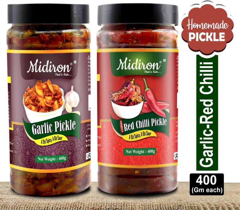 Midiron Homemade Pickle |Stuffed Red Chili Pickle| Garlic Pickle| Punjabi Traditional Flavor Pickle |Sour & Spicy | Lal Mirch Aachar | Lehsun Ka Aachar (400 gm) Garlic, Red Chilli Pickle  (2 x 400 g)