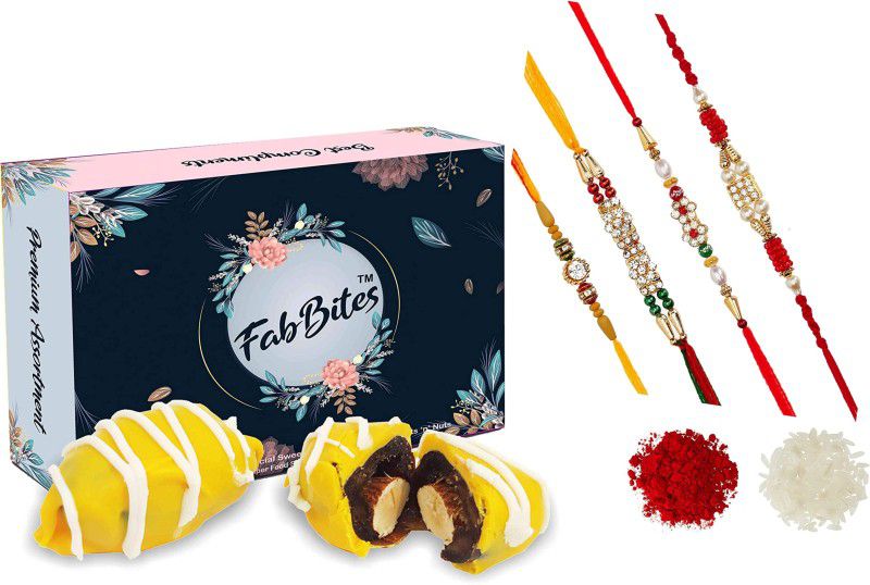 FabBites Mango flavour chocolate coated date with centre filled almond and 4 rakhi, Tilak and chawal Combo  (7)