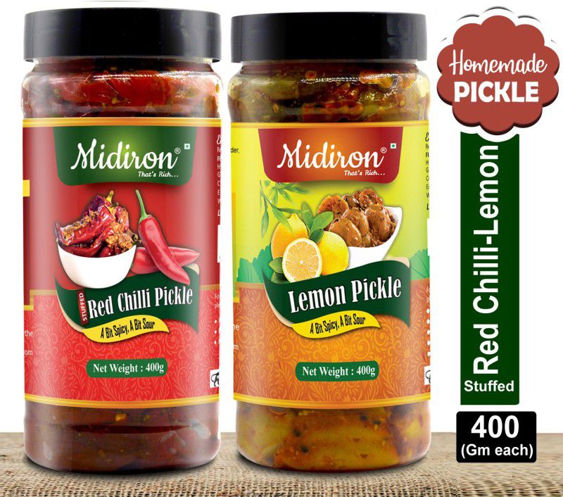 Midiron Homemade Pickle |Stuffed Red Chilli Pickle| Lemon Pickle| Punjabi Traditional Flavor Pickle |Sour & Spicy | Lal Mirch Ka Aachar | Nibmoo Ka Aachar (400 gm) Lemon, Red Chilli Pickle  (2 x 400 g)