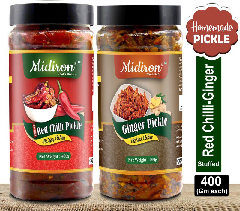 Midiron Homemade Pickle |Stuffed Red Chilli Pickle| Ginger Pickle| Punjabi Traditional Flavor Pickle |Sour & Spicy | Lal Mirch Ka Aachar | Aadrak Ka Aachar (400 gm) Ginger, Red Chilli Pickle  (2 x 400 g)