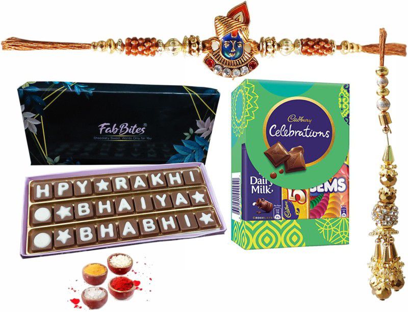 FabBites Rakhi with Chocolate for Brother/Bhabhi|Rakhi with Celebration Box|Rakhi,Lumba Combo  (Happy Rakhi Bhaiya Bhabhi Chocolate -1, Celebration Box-1, Rakhi Lumba Set-1, Tilak)