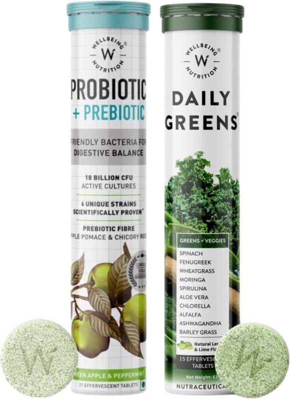 Wellbeing Nutrition Daily Greens, Wholefood Multivitamin & Daily Probiotic + Prebiotic Combo  (15 Effervescent Tablets-Daily Greens With 21 Effervescent Tablets-Daily Probiotic + Prebiotic)