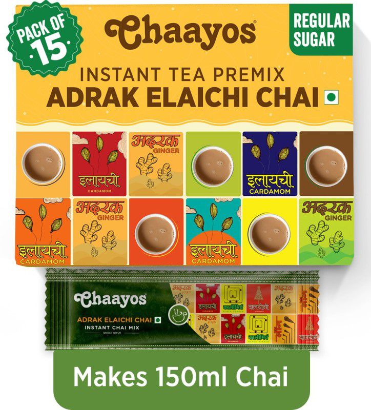 Chaayos Regular Sugar Adrak Elaichi Instant Tea Premix, Flavoured Ready to Make Chai Ginger, Cardamom Instant Tea Box  (15 x 22)